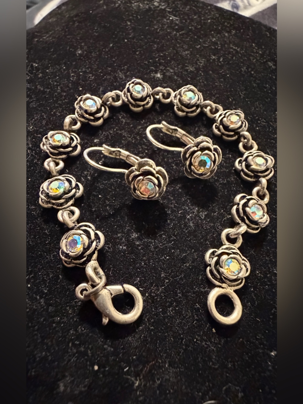 Premier Designs Silver Floral Crystal Drop Earrings and Bracelet Set - Silver